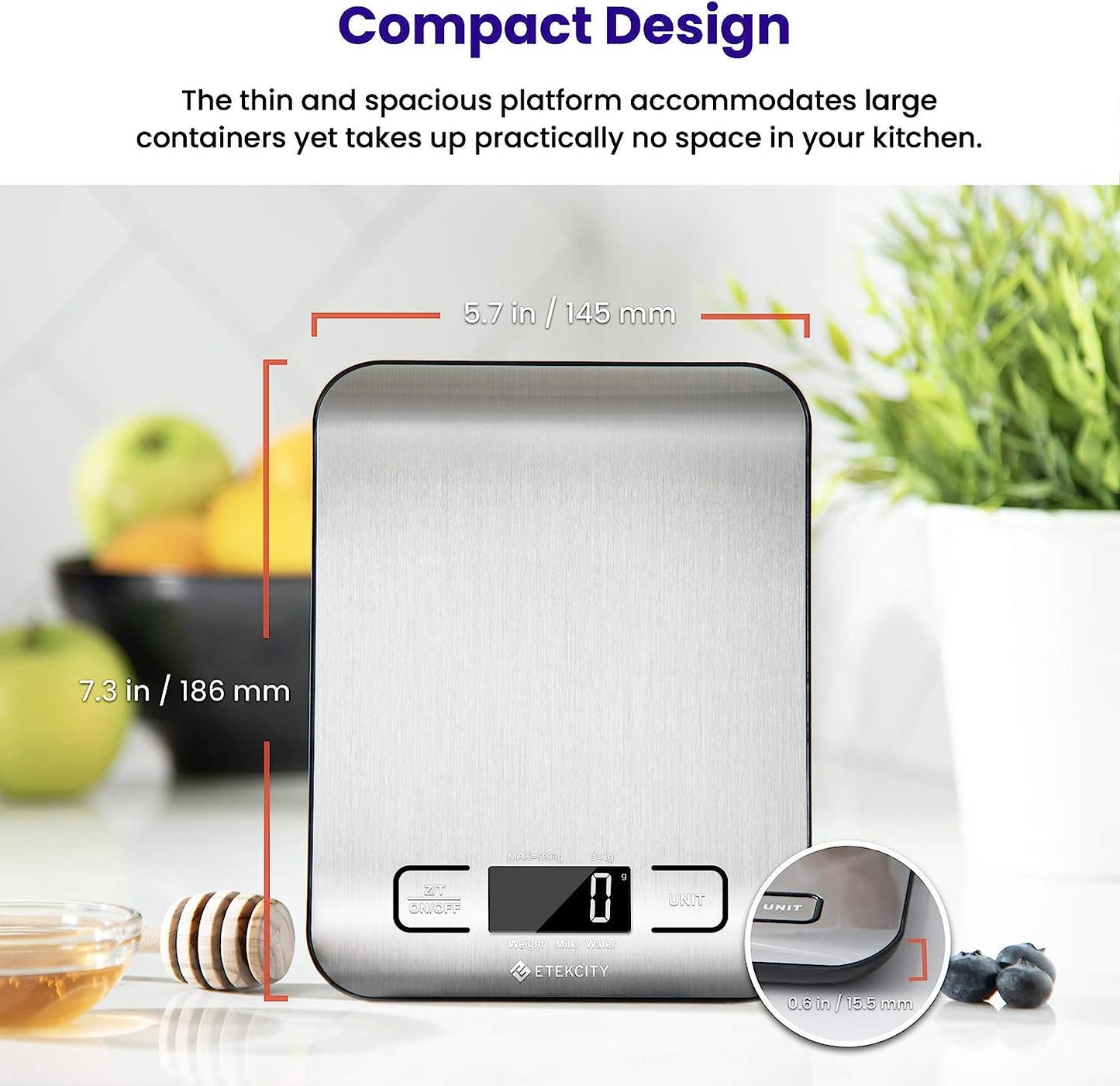 Food Kitchen Scale, Digital Grams and Ounces for Weight Loss, Baking, Cooking, Keto and Meal Prep, LCD Display, Medium, 304 Stainless Steel