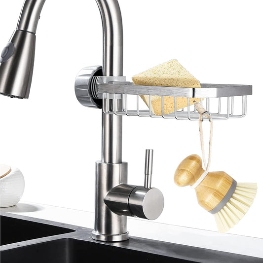 Sponge Holder over Faucet Kitchen Sink Caddy Organizer, Stainless Steel Detachable Hanging Faucet Drain Rack for Bathroom, Scrubbers, Soap, Chrome