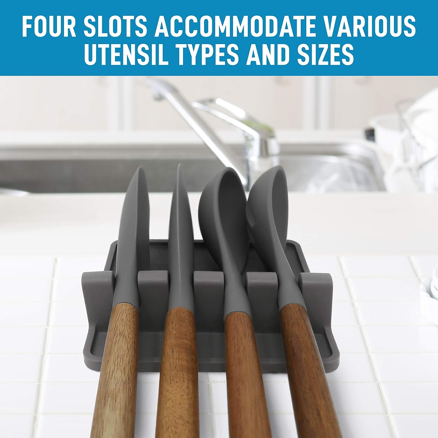 Silicone Utensil Rest with Drip Pad for Multiple Utensils - Bpa-Free, Heat-Resistant Spoon Rest & Spoon Holder for Stove Top - Kitchen Utensil Holder for Ladles & Tongs - Gray