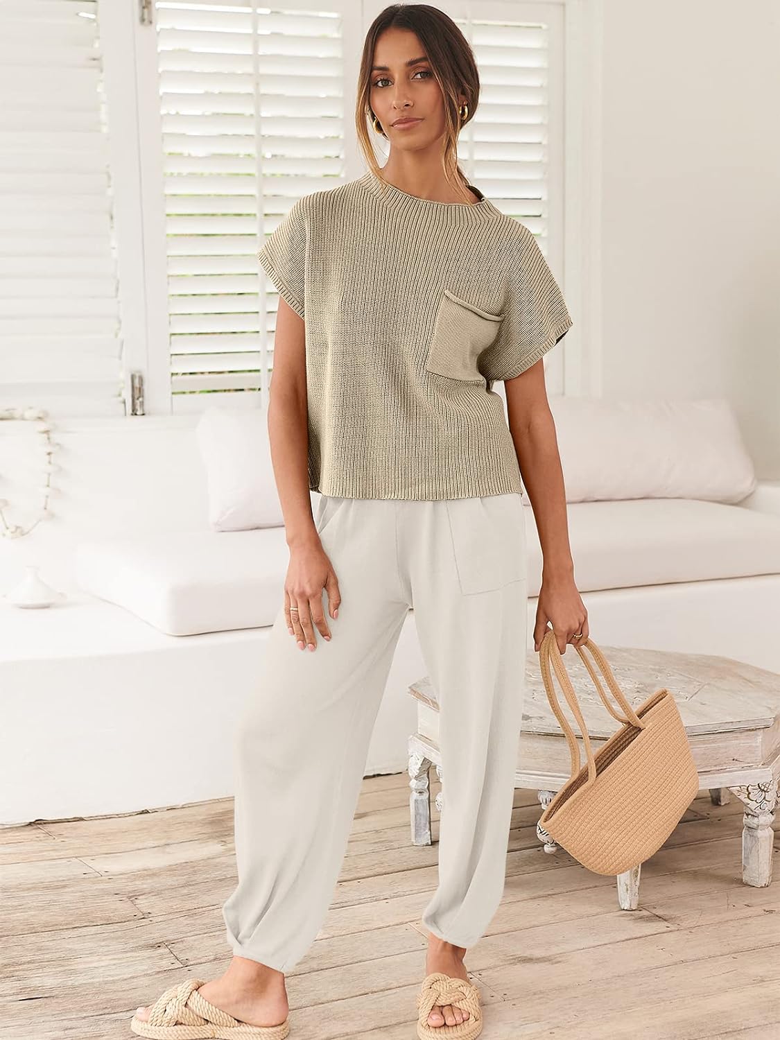 Women'S Two Piece Outfits Sweater Sets Knit Pullover Tops and High Waisted Pants Tracksuit Lounge Sets
