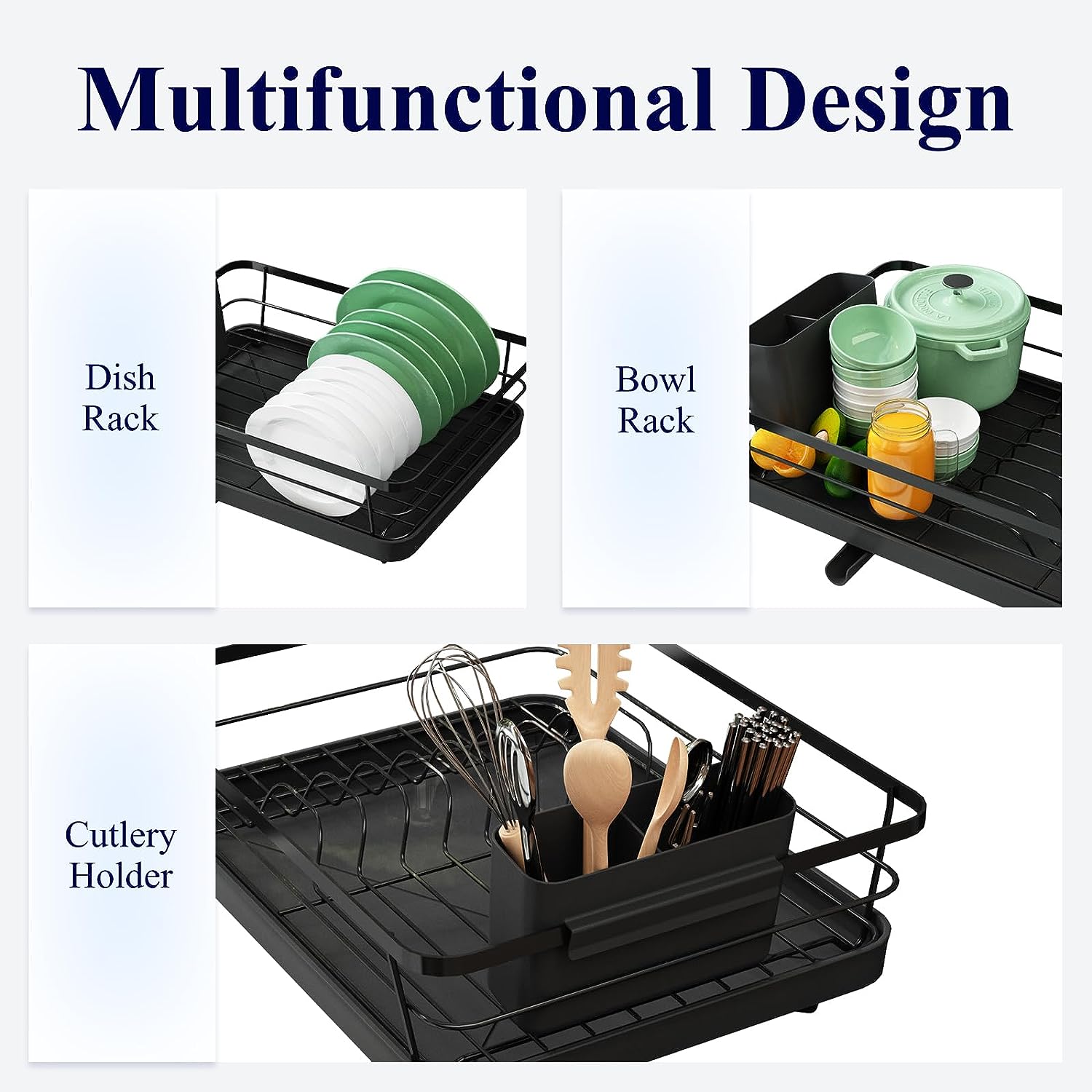 Dish Drying Rack- Space-Saving, for Kitchen Counter, Durable Stainless Steel Rack with a Cutlery Holder, for Dishes, Knives, Spoons, and Forks
