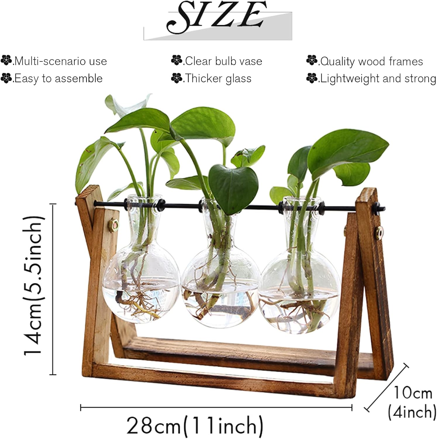 XXXFLOWER Plant Terrarium with Wooden Stand, Air Planter Bulb Glass Vase Metal Swivel Holder Retro Tabletop for Hydroponics Home Garden Office Decoration - 3 Bulb Vase