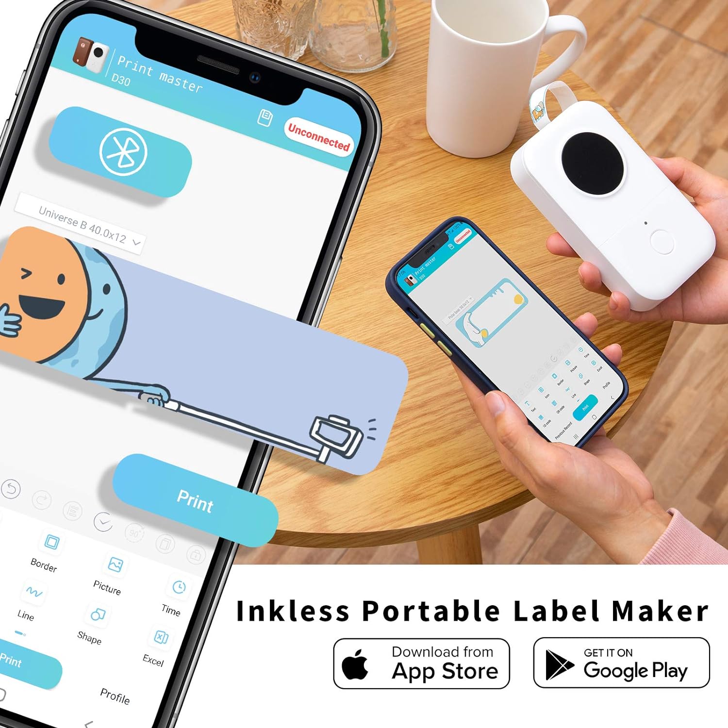 D30 Label Printer, Bluetooth Wireless Mini Pocket Smartphone Label Maker Machine with Tape, Direct Thermal Printer Rechargeable Labeler Compatible with Iphone/Android, for Home Office