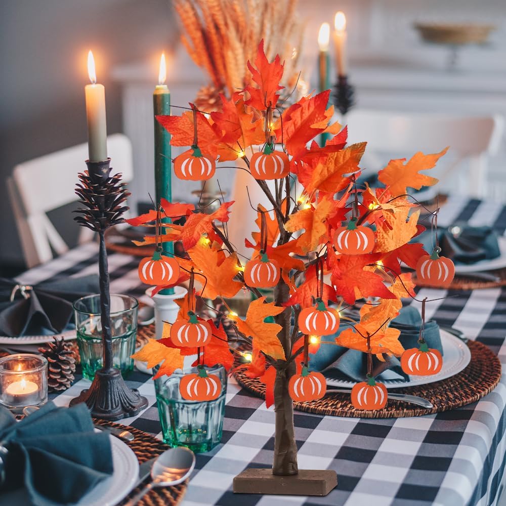 Fall Decorations for Home, 24”2FT Lighted Maple Leaves Tree Fall Decor with 24LT Warm White Leds, 12 Wood Pumpkin Ornaments Battery Powered Timer Artificial Trees for Autumn, Thanksgiving