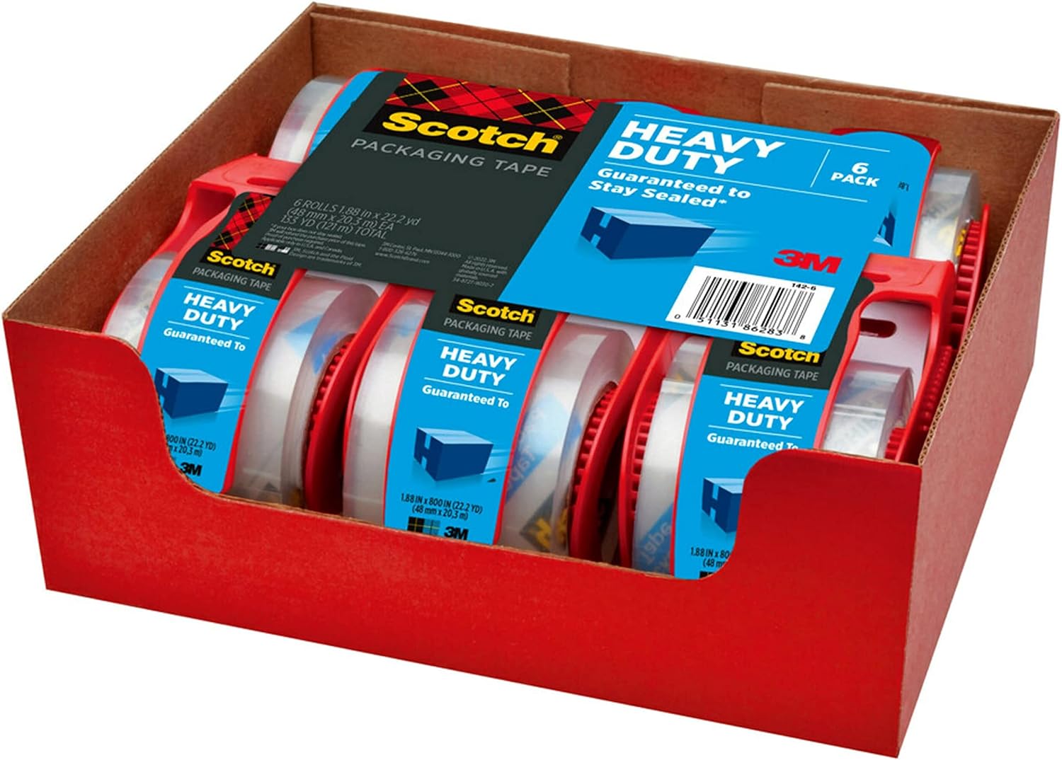 Heavy Duty Shipping Packing Tape, Clear, Holiday Shipping Supplies, 1.88 In. X 22.2 Yd., 6 Tape Rolls with Dispensers