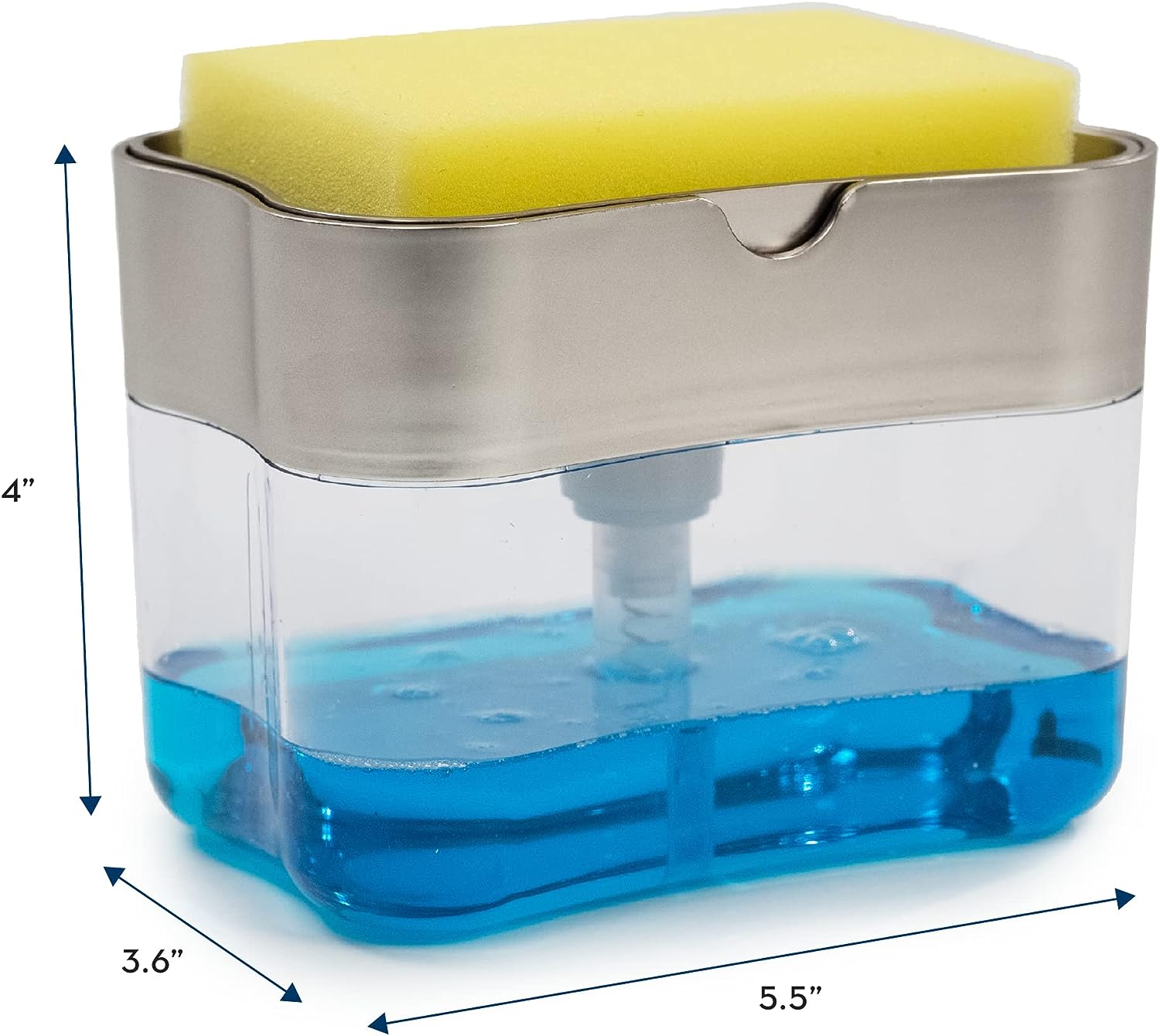 S&T INC. Dish Soap Dispenser and Sponge Holder for Kitchen Sink, Sponge Included, 13 Ounces, Metallic Silver