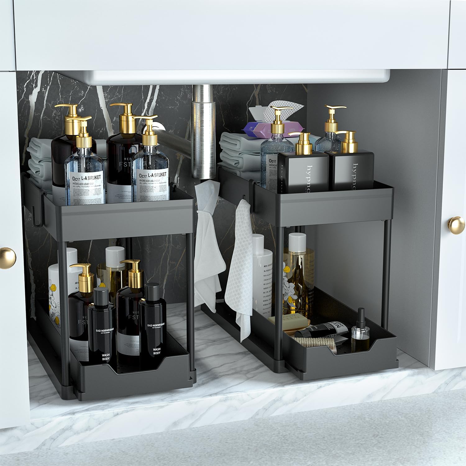 under Sink Organizer 2 Pack，Bathroom Cabinet Organizer，2 Tier Sliding Cabinet Basket Organizer Drawer, Multi-Purpose Bath Collection Baskets for Bathroom (Black)