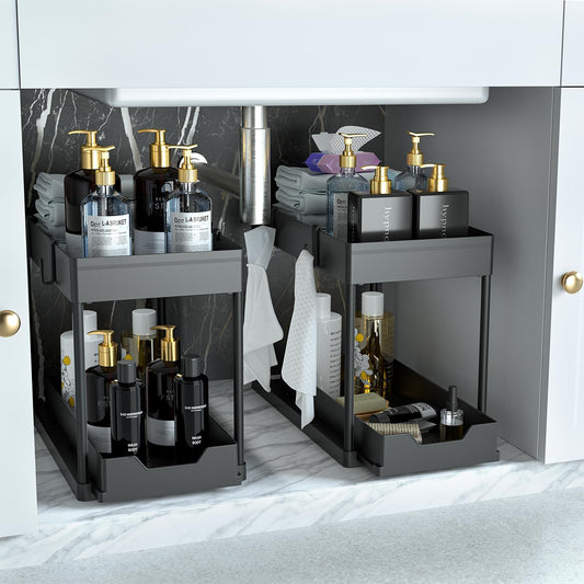 under Sink Organizer 2 Pack，Bathroom Cabinet Organizer，2 Tier Sliding Cabinet Basket Organizer Drawer, Multi-Purpose Bath Collection Baskets for Bathroom (Black)