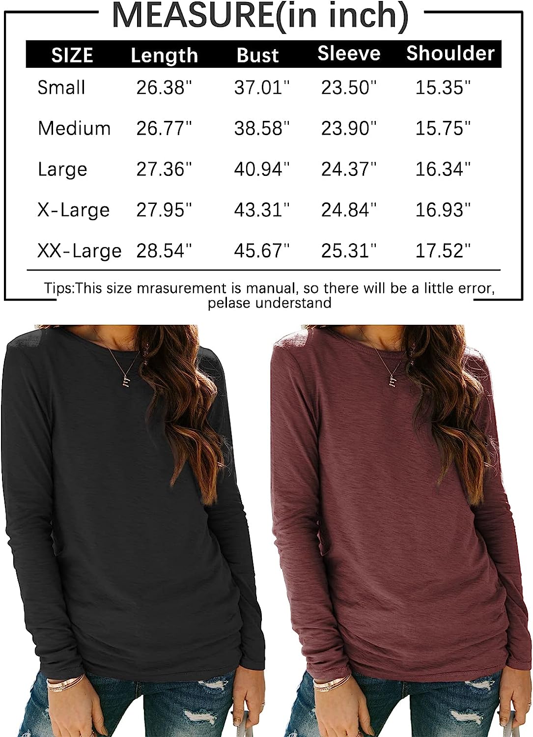 Womens Long Sleeve round Neck Shirts Basic Tee