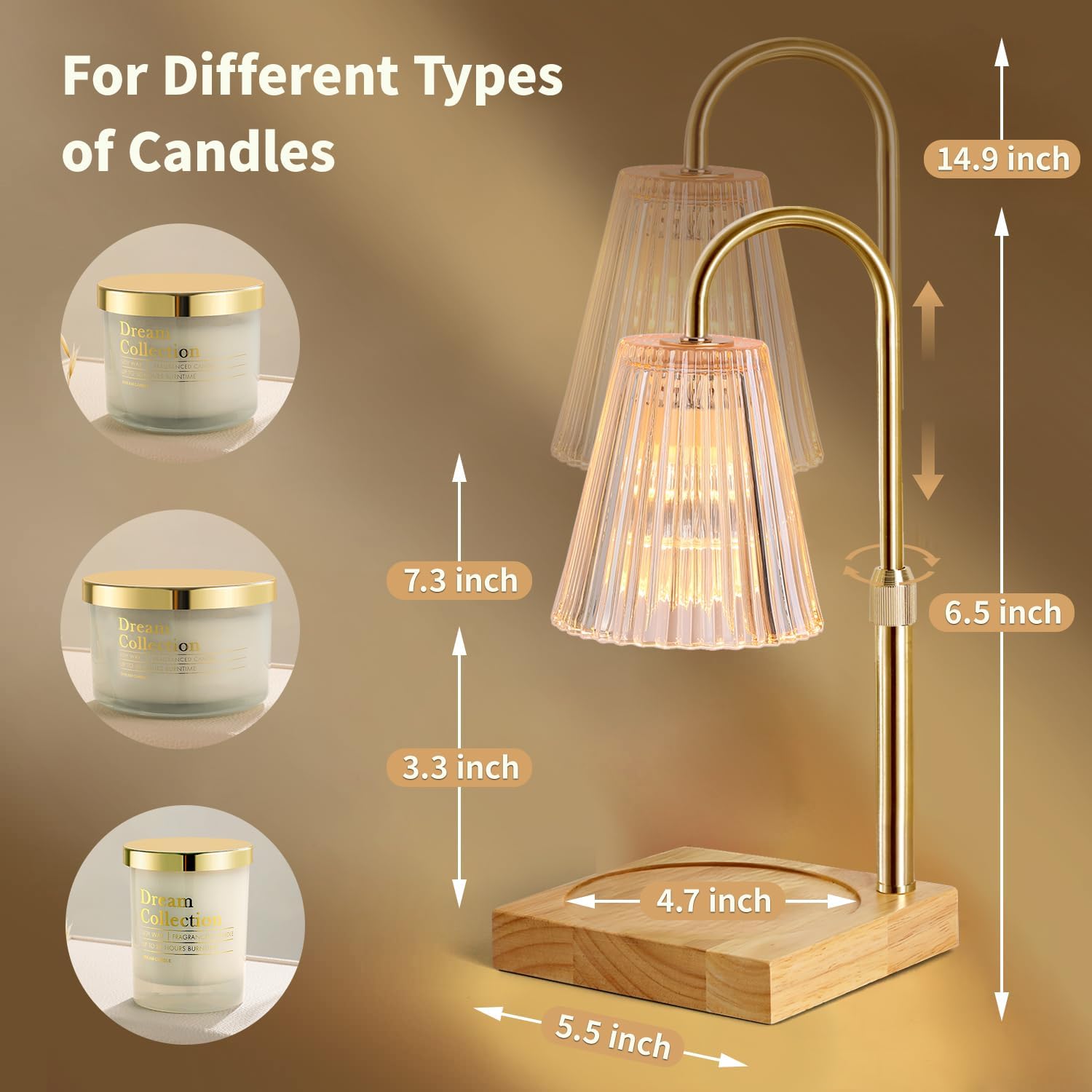 Candle Warmer Lamp, Candle Lamp Warmer with Dimmer, Electric Candle Warmer for Jar Candles Lamp Warmer Bedroom Home Decor, 2H/4H/8H Timer Adjustable Height with 2 Bulbs, (Amber)