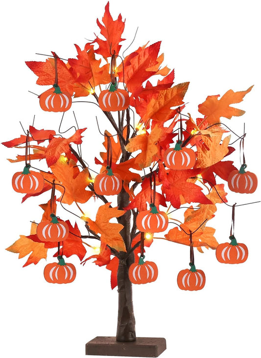 Fall Decorations for Home, 24”2FT Lighted Maple Leaves Tree Fall Decor with 24LT Warm White Leds, 12 Wood Pumpkin Ornaments Battery Powered Timer Artificial Trees for Autumn, Thanksgiving