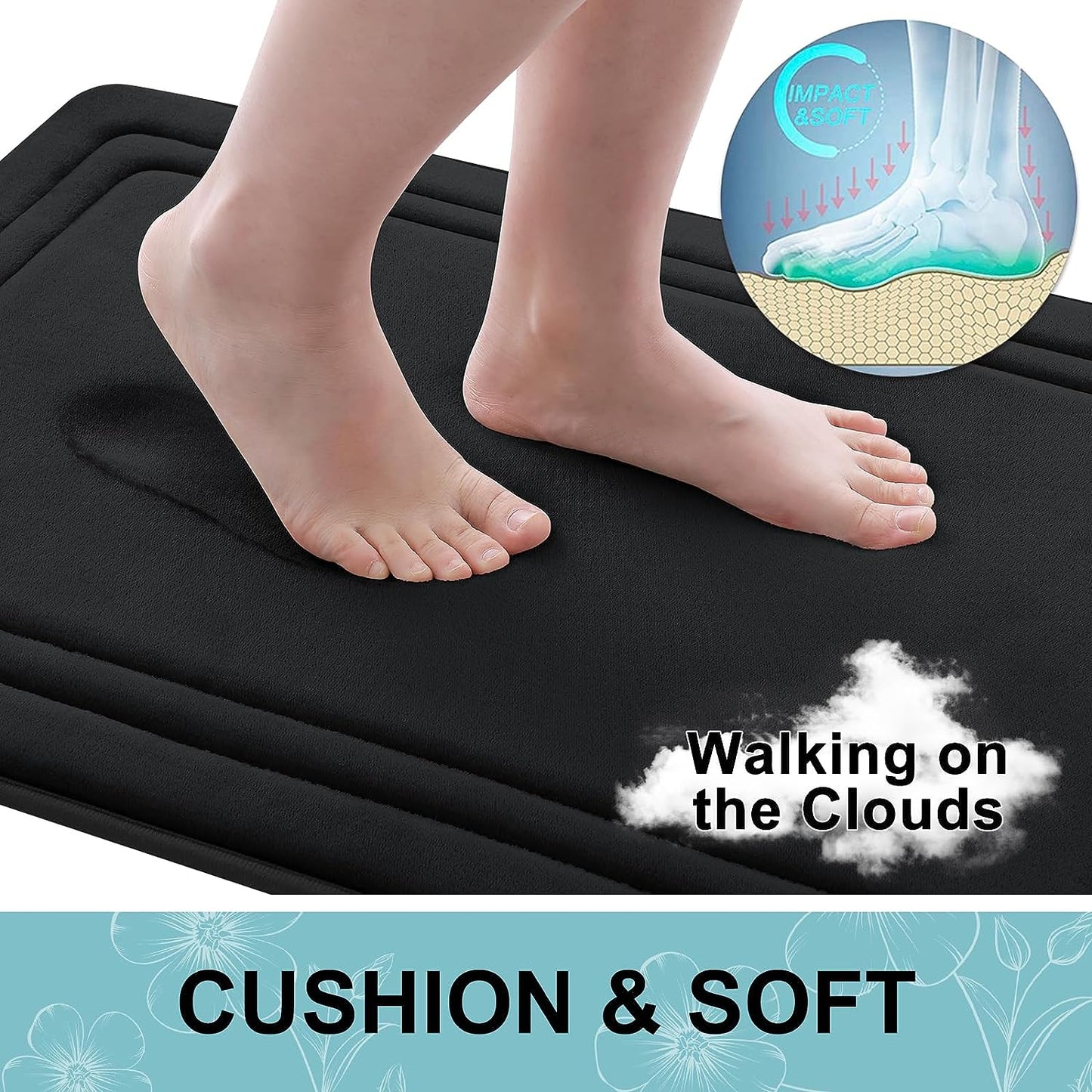 Memory Foam Bath Mat Rug 24X16, Ultra Soft, Non-Slip and Absorbent Bathroom Rugs, Machine Wash Dry, Comfortable Bath Rug Carpet for Bathroom Floor, Tub and Shower, Black