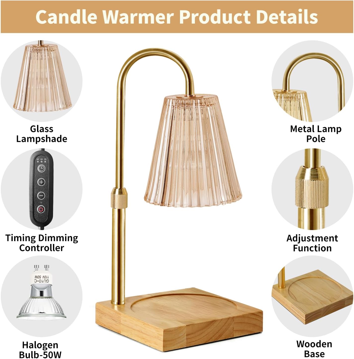 Candle Warmer Lamp, Candle Lamp Warmer with Dimmer, Electric Candle Warmer for Jar Candles Lamp Warmer Bedroom Home Decor, 2H/4H/8H Timer Adjustable Height with 2 Bulbs, (Amber)