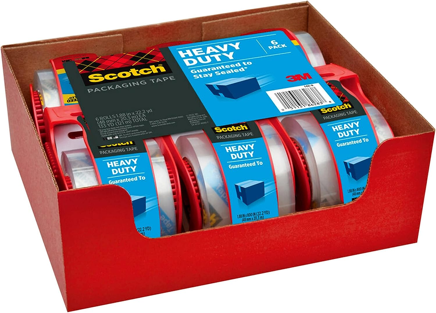 Heavy Duty Shipping Packing Tape, Clear, Holiday Shipping Supplies, 1.88 In. X 22.2 Yd., 6 Tape Rolls with Dispensers