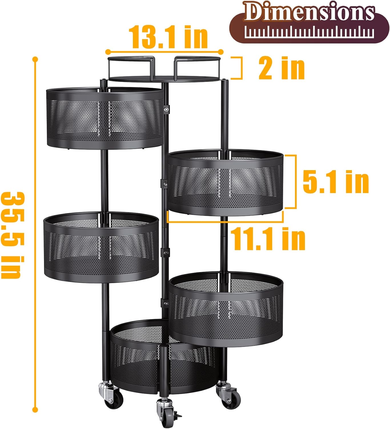 Fruit and Vegetable Basket Bowls for Kitchen with Metal Top Lid,  5 Tier Rotating Storage Rack Cart for Potato Onion Bread Banana, Wire Basket Organizer on Wheels, Large, Black