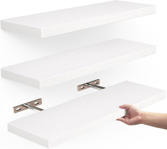 Floating Shelves, Wall Mounted Rustic Wood Shelves for Bathroom, Bedroom, Living Room, Kitchen, Small Hanging Shelf for Books/Storage/Room Decor with 22Lbs Capacity (White, Set of 3, 16In)