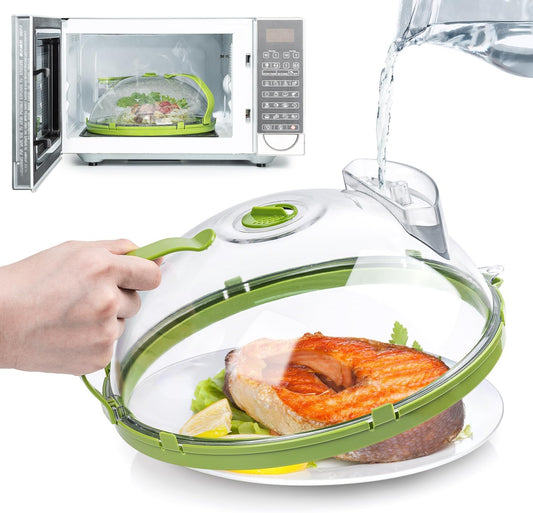 Microwave Cover for Food, Clear Microwave Splatter Cover with Handle and Water Storage Box, 10 Inch Plate Covers, Kitchen Gadgets and Accessories, House Essentials for New Home Gifts, Green