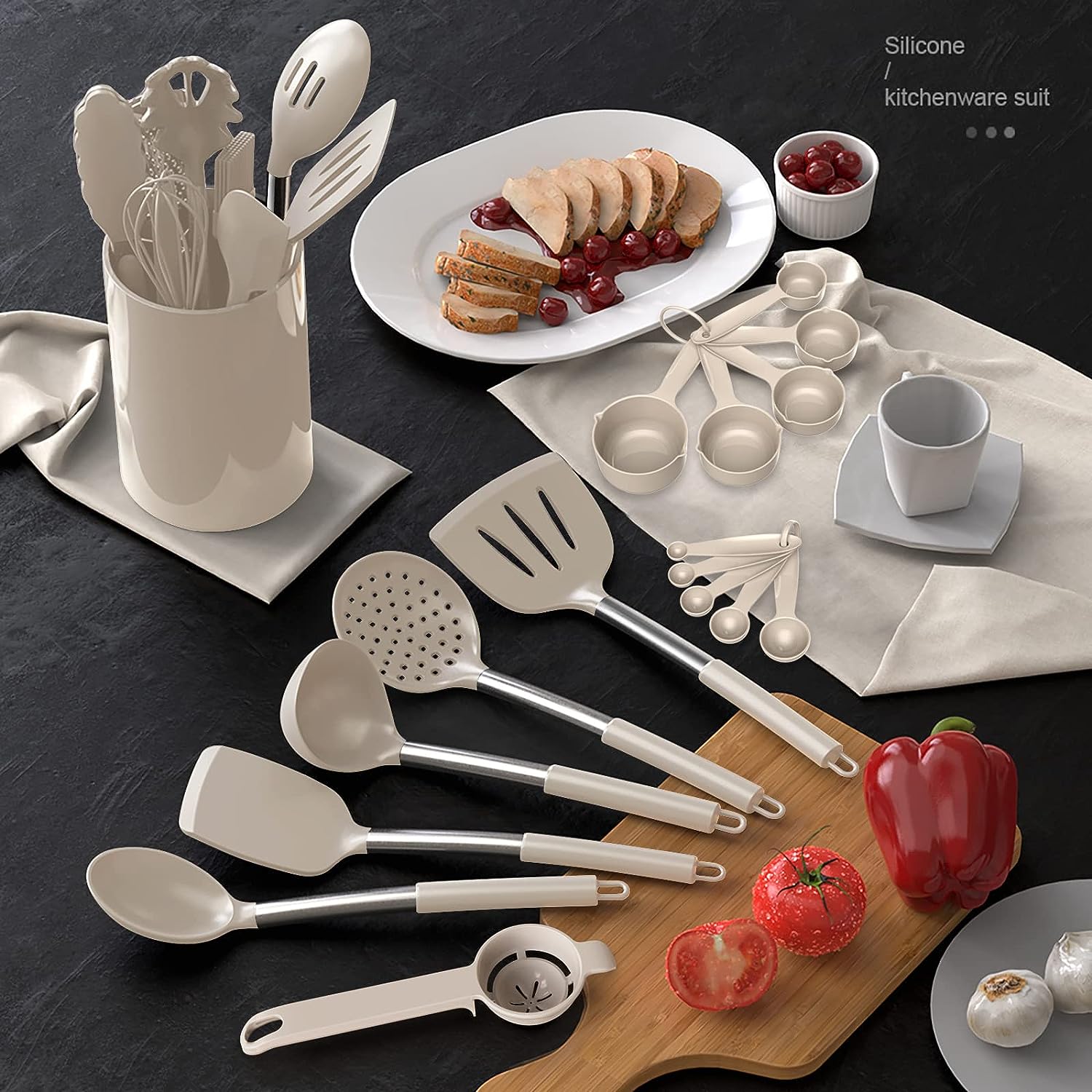Large Silicone Cooking Utensils Set - Heat Resistant Kitchen Utensils,Turner Tongs,Spatula,Spoon,Brush,Whisk,Stainless Steel Silicone Cooking Tool for Nonstick Cookware,Dishwasher Safe (Khaki)