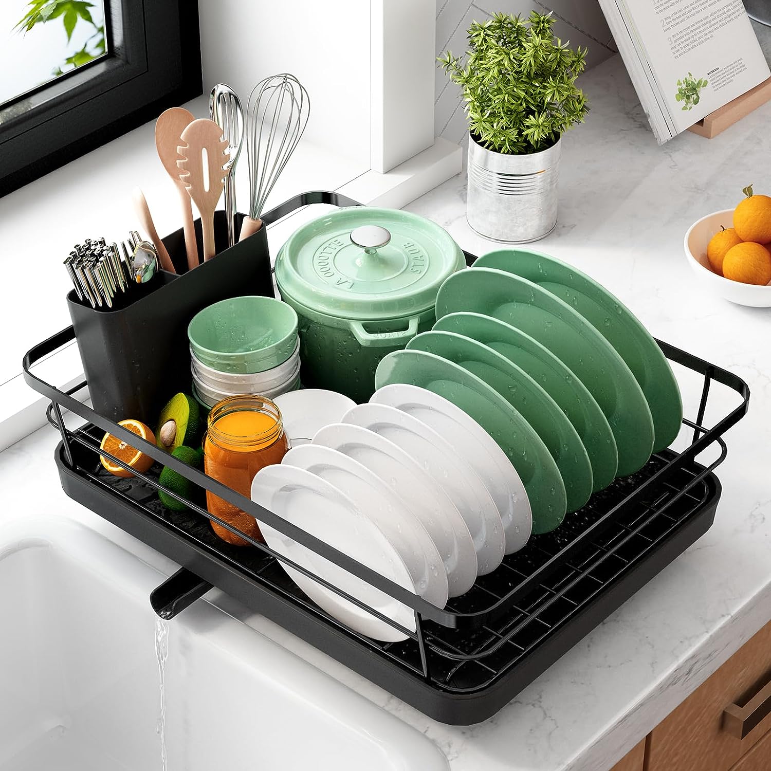 Dish Drying Rack- Space-Saving, for Kitchen Counter, Durable Stainless Steel Rack with a Cutlery Holder, for Dishes, Knives, Spoons, and Forks