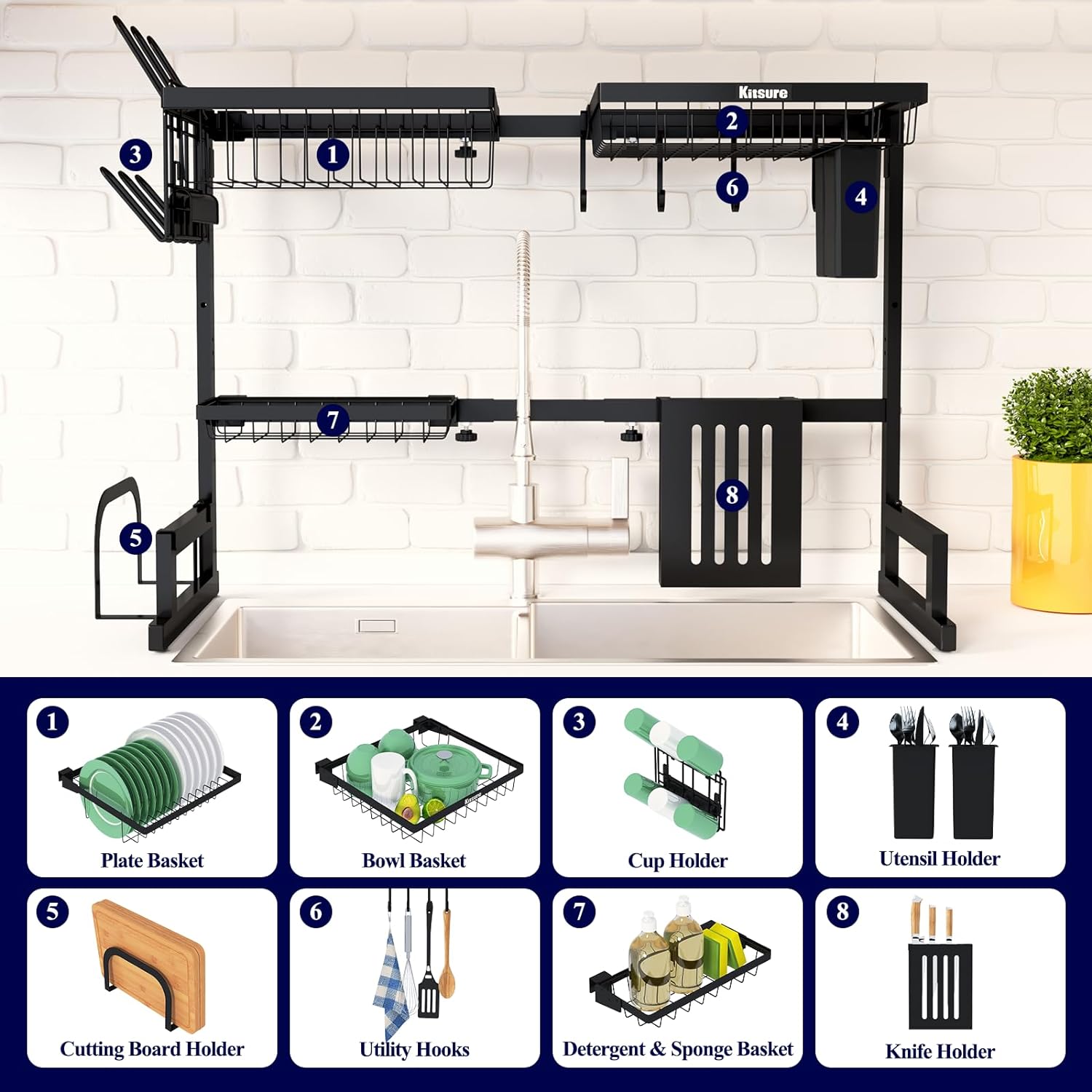 over the Sink Dish Drying Rack - 23.6" to 35"X21.2", Adjustable Drying Rack for Kitchen Sink with Large Capacity, Sink Drying Rack, 2-Tier Dish Rack over Sink with Multifunctional Baskets