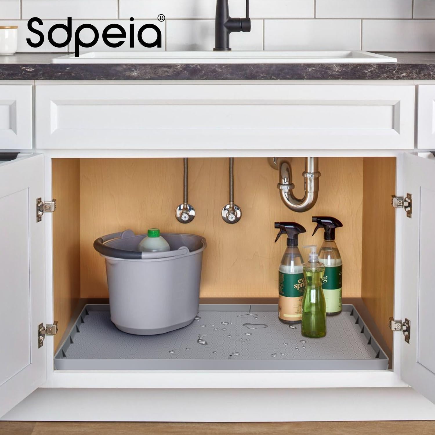 under Sink Mat for [34" X 22"] Cabinet, Silicone Waterproof Mat, Kitchen Cabinet Liner Holds over 2.2 Gallons, Cabinet Protector, under Sink Tray for Drips, Leaks, Spills (Grey)
