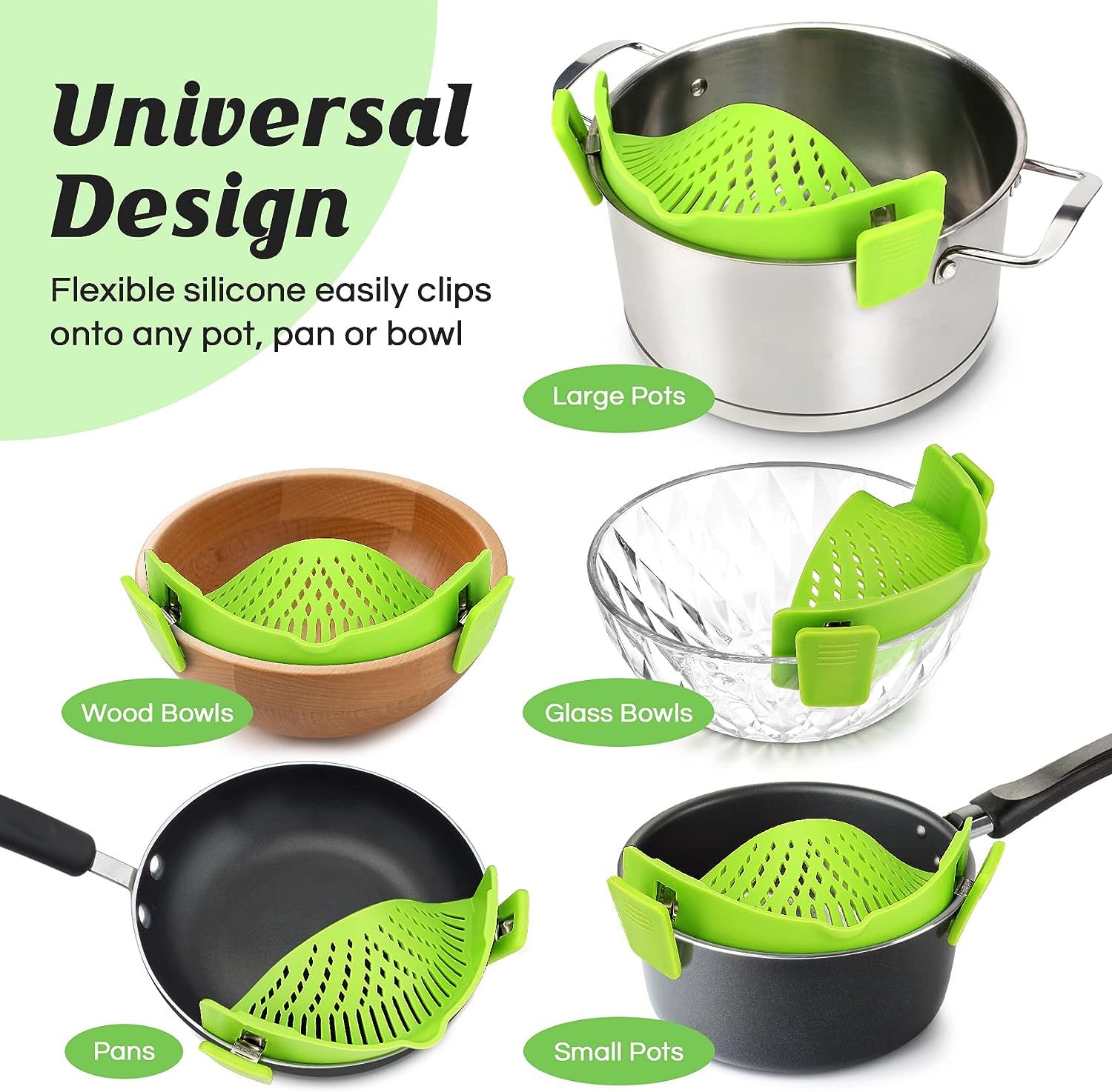 Pasta Strainer, Pot Strainer Clip on Silicone – Adjustable Clip on Strainer for Pots, Strainers and Colanders, Silicone Strainer, Food Strainer, Pasta Drainer, Colander (Green) by