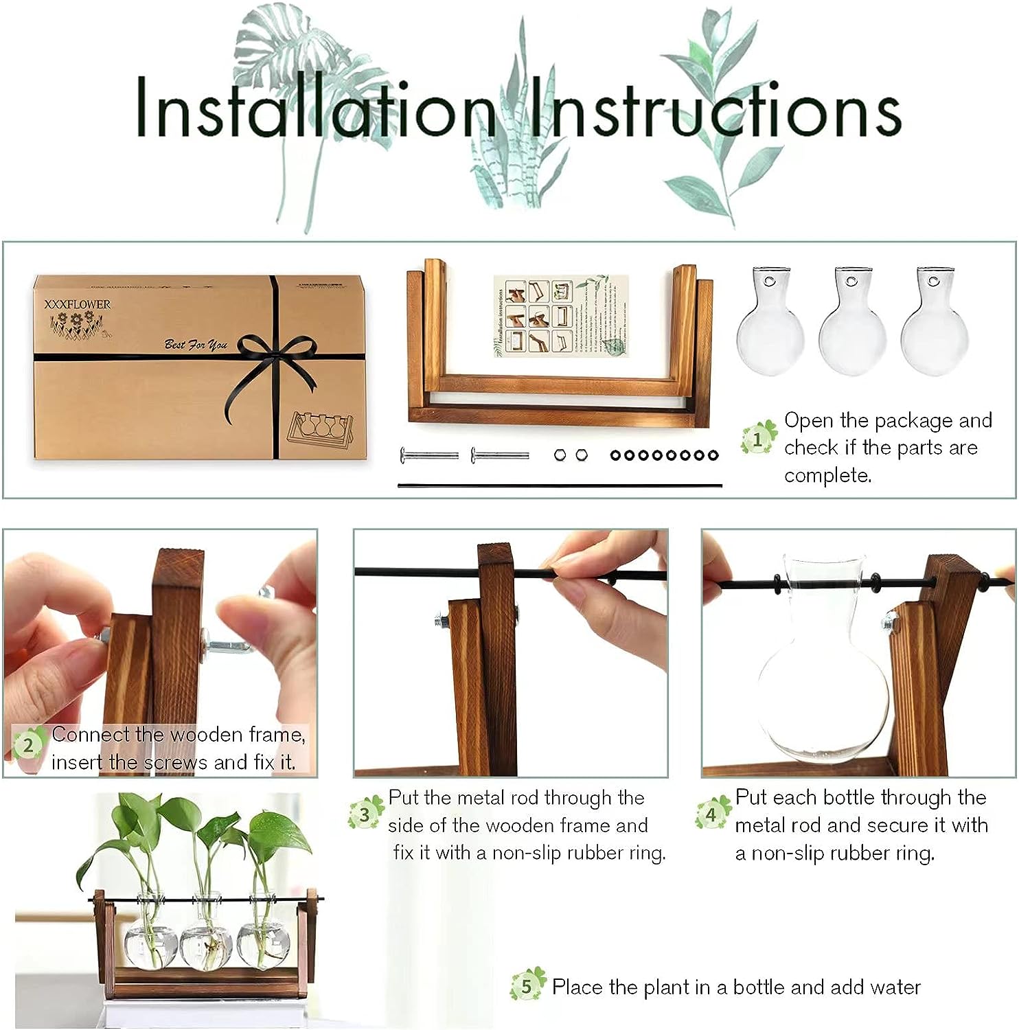 XXXFLOWER Plant Terrarium with Wooden Stand, Air Planter Bulb Glass Vase Metal Swivel Holder Retro Tabletop for Hydroponics Home Garden Office Decoration - 3 Bulb Vase