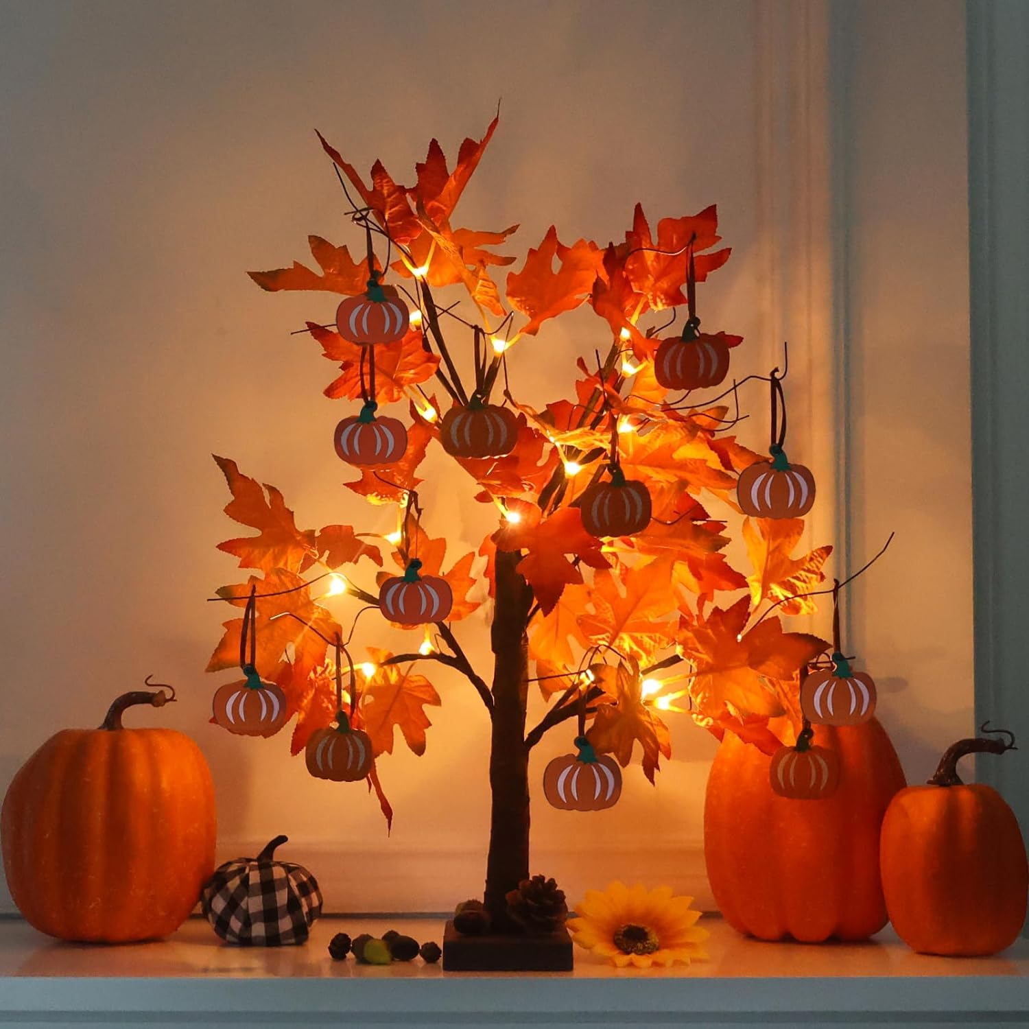Fall Decorations for Home, 24”2FT Lighted Maple Leaves Tree Fall Decor with 24LT Warm White Leds, 12 Wood Pumpkin Ornaments Battery Powered Timer Artificial Trees for Autumn, Thanksgiving