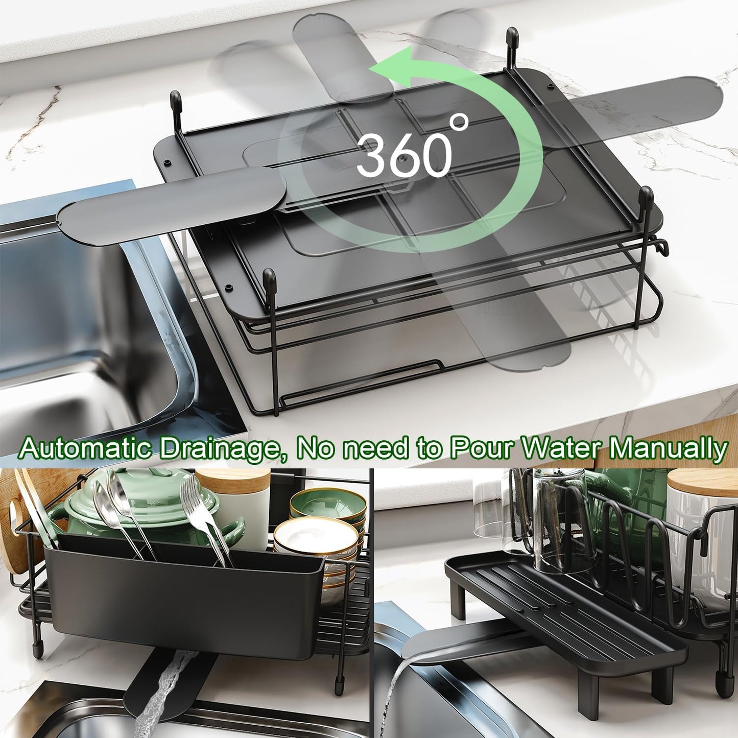 Large Dish Drying Rack with Drainboard Set, Detachable 2-In-1 Large-Capacity 2-Tier over the Sink Dish Drying Rack and Dish Drainer for Kitchen Counter