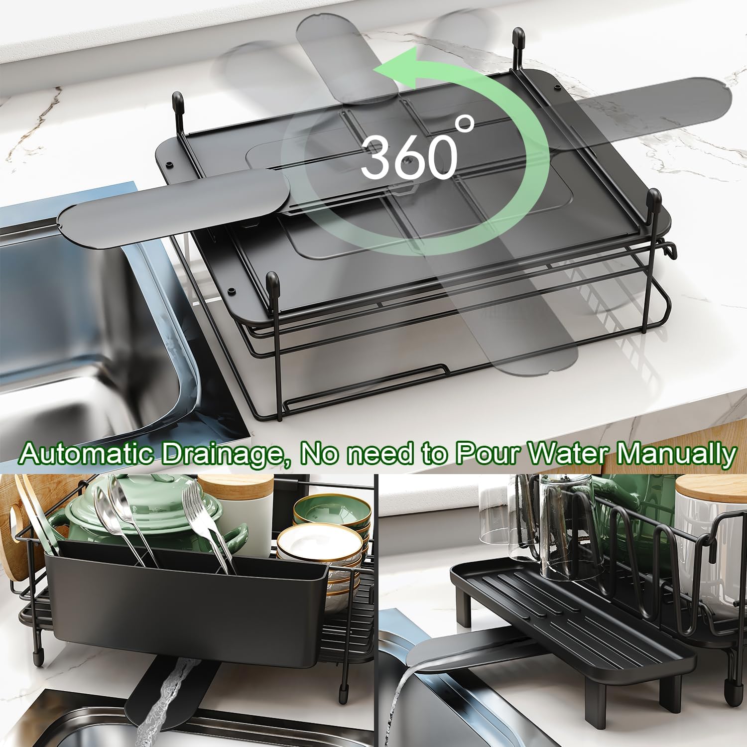 Large Dish Drying Rack with Drainboard Set, Detachable 2-In-1 Large-Capacity 2-Tier over the Sink Dish Drying Rack and Dish Drainer for Kitchen Counter