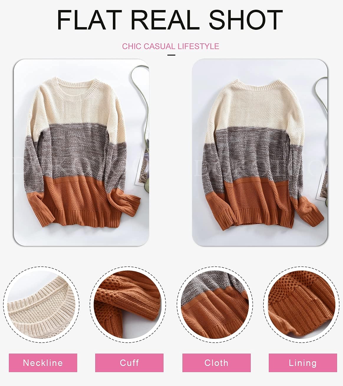Womens Color Block Sweaters Long Sleeve Crewneck Pullover Knit Jumper Tops