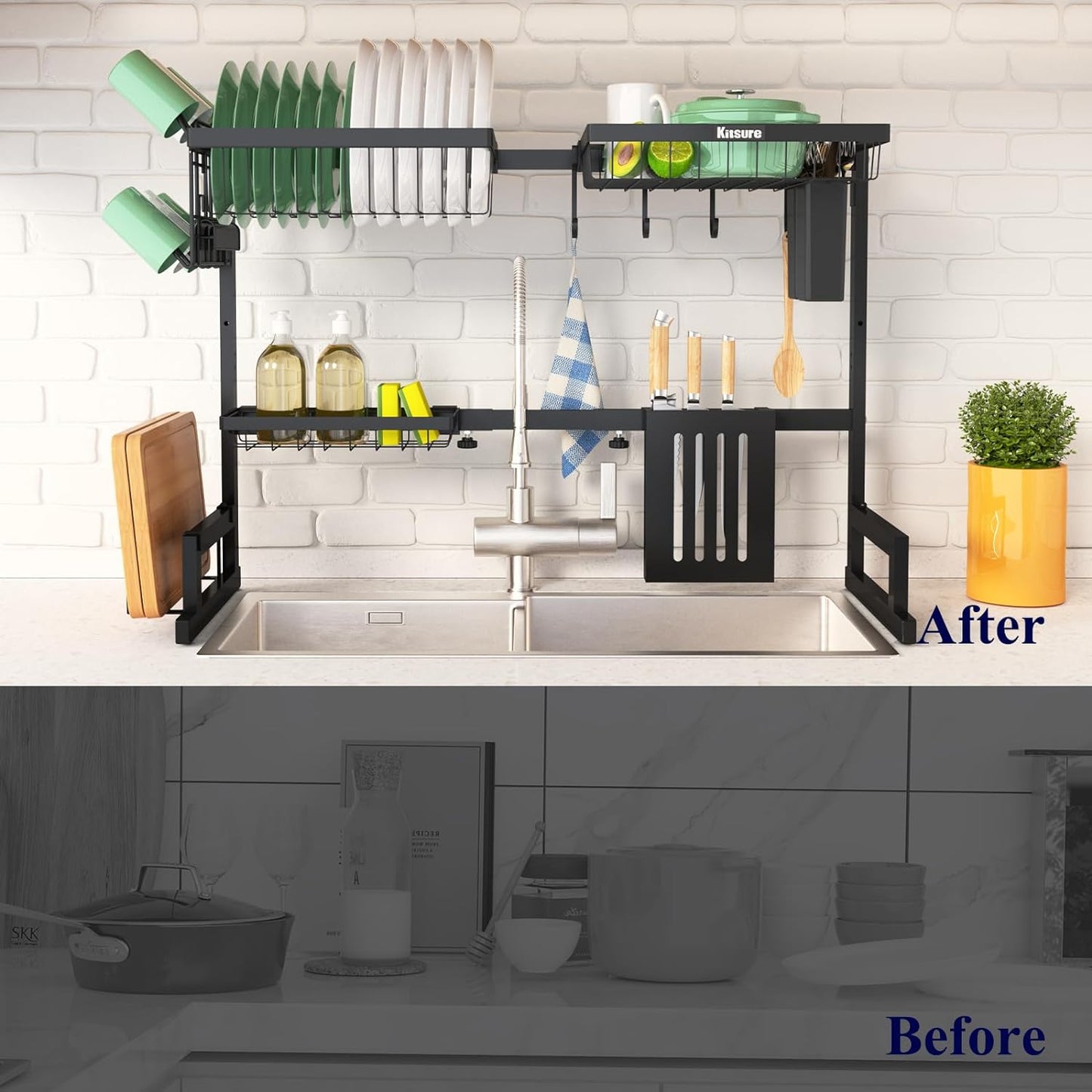 over the Sink Dish Drying Rack - 23.6" to 35"X21.2", Adjustable Drying Rack for Kitchen Sink with Large Capacity, Sink Drying Rack, 2-Tier Dish Rack over Sink with Multifunctional Baskets