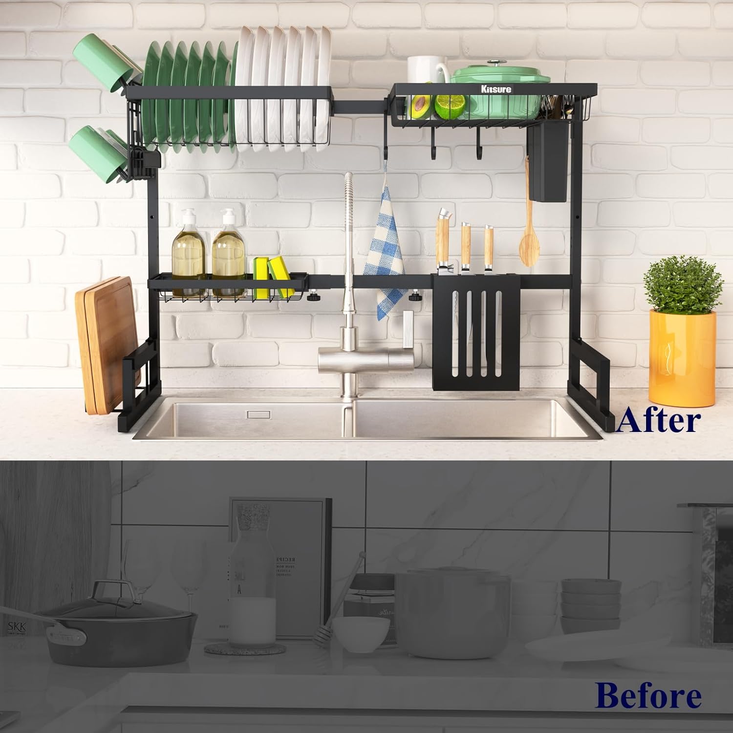over the Sink Dish Drying Rack - 23.6" to 35"X21.2", Adjustable Drying Rack for Kitchen Sink with Large Capacity, Sink Drying Rack, 2-Tier Dish Rack over Sink with Multifunctional Baskets
