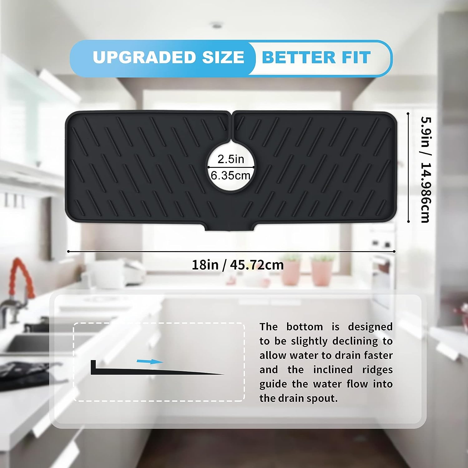 Silicone Faucet Splash Guard, 18” X 5.9”, Faucet Water Catcher Mat, Longer Silicone Sink Mat for Kitchen, Bathroom, Laundry Room, Farmhouse, Bar & RV (Black)