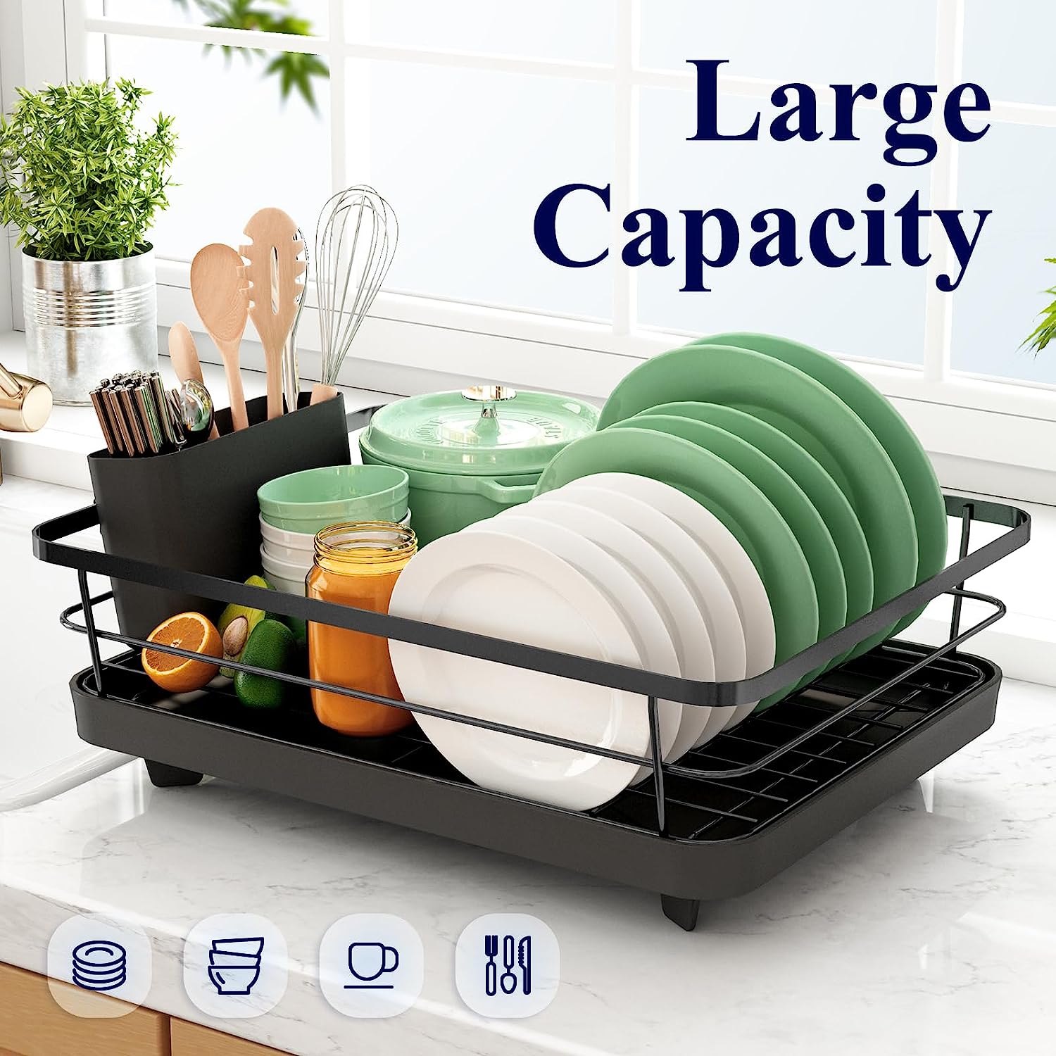 Dish Drying Rack- Space-Saving, for Kitchen Counter, Durable Stainless Steel Rack with a Cutlery Holder, for Dishes, Knives, Spoons, and Forks