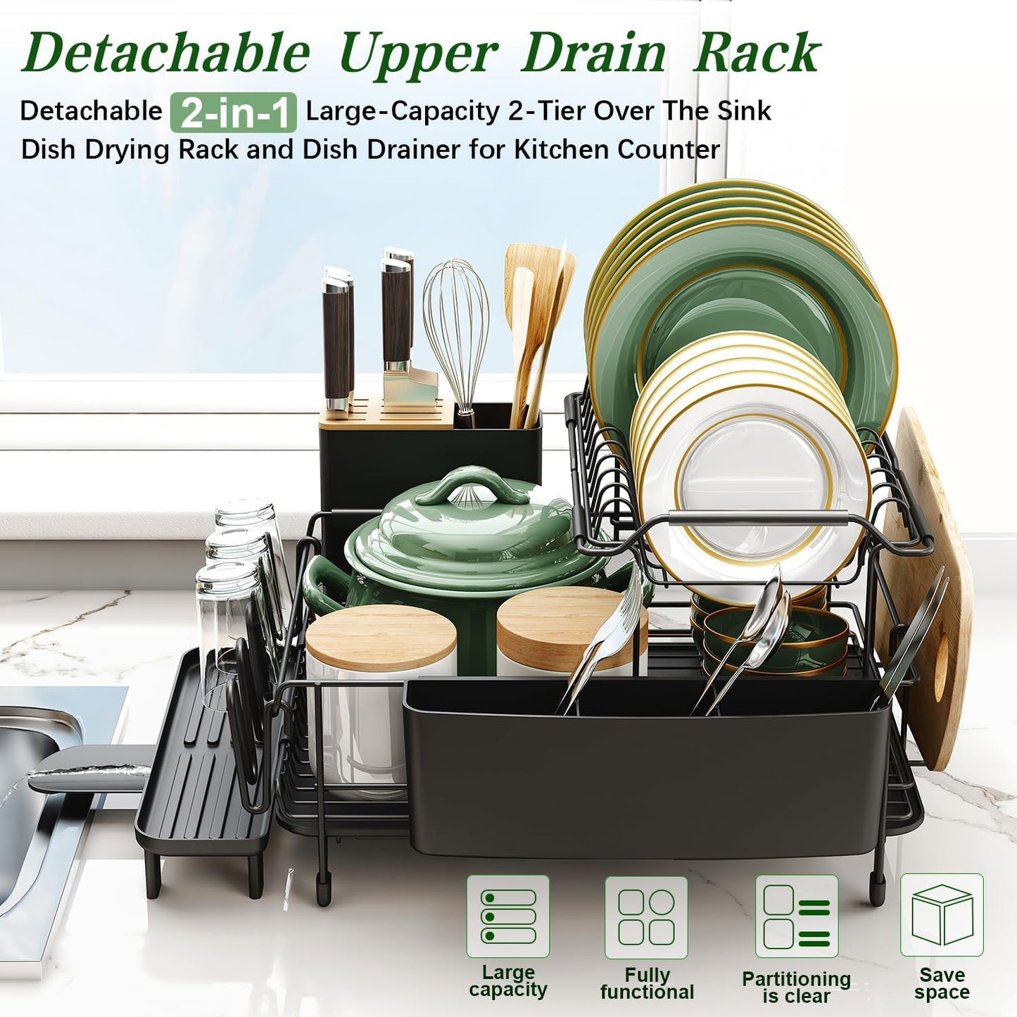 Large Dish Drying Rack with Drainboard Set, Detachable 2-In-1 Large-Capacity 2-Tier over the Sink Dish Drying Rack and Dish Drainer for Kitchen Counter