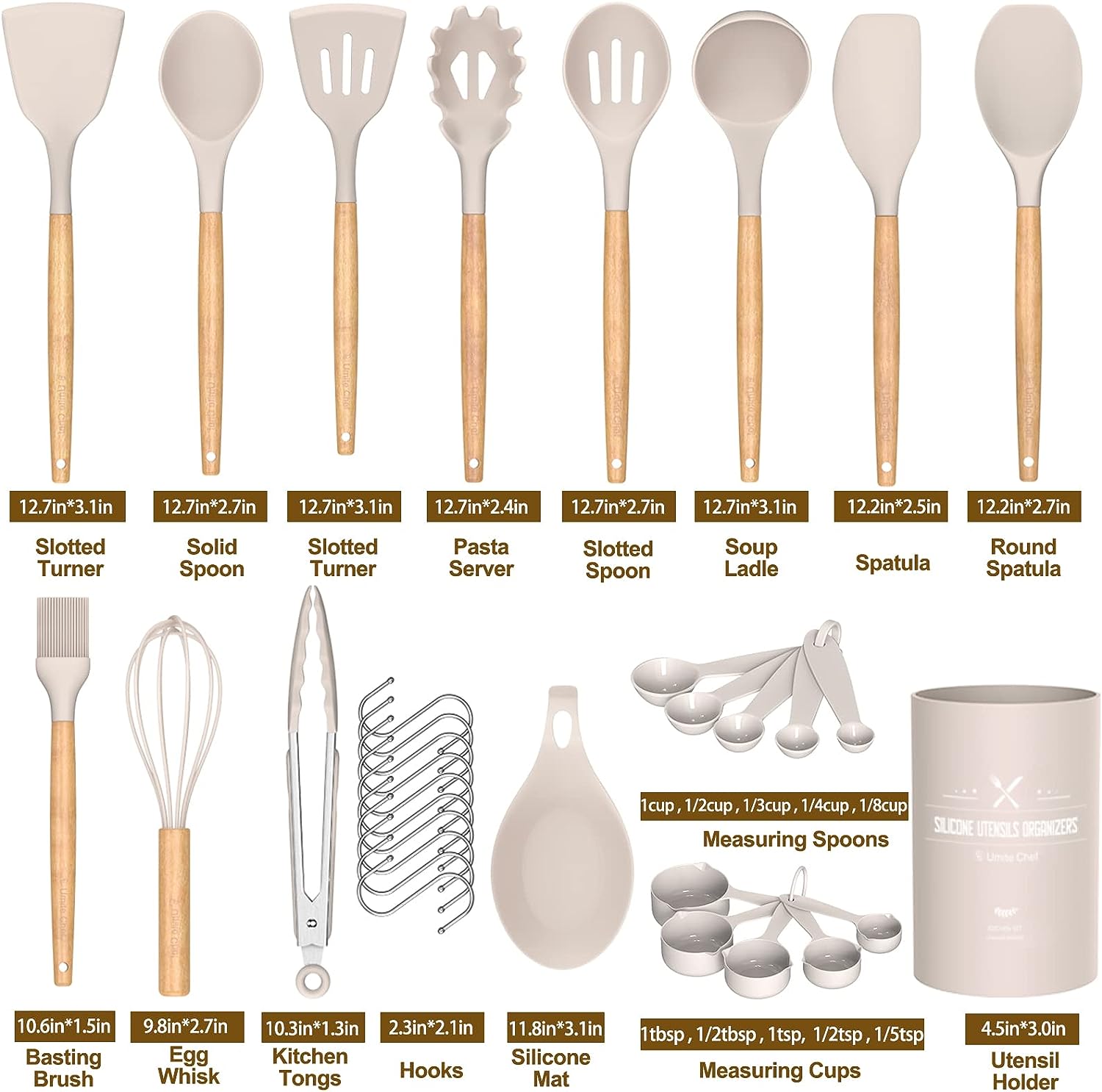 Kitchen Cooking Utensils Set, 33 Pcs Non-Stick Silicone Cooking Kitchen Utensils Spatula Set with Holder, Wooden Handle Silicone Kitchen Gadgets Utensil Set (Khaki)