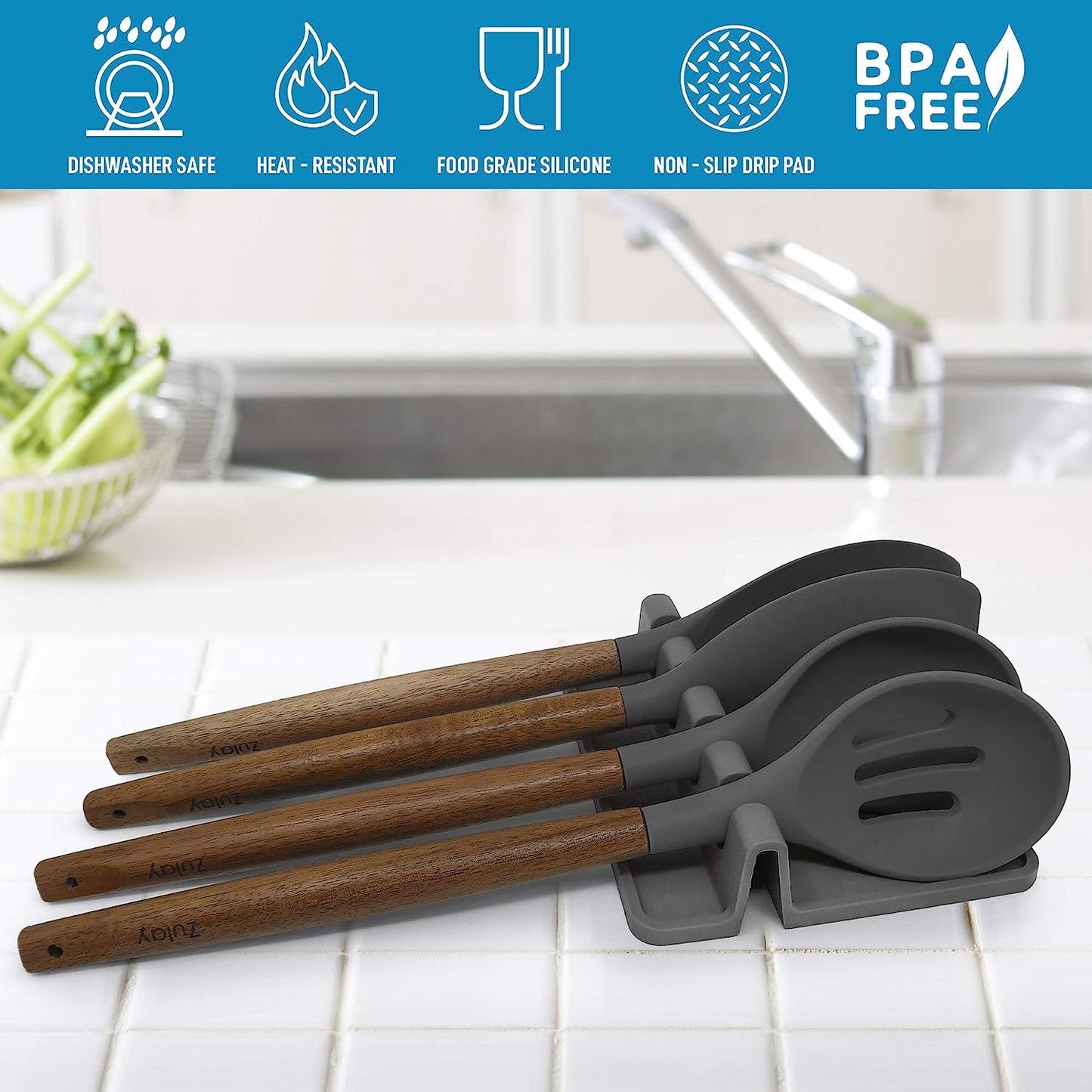 Silicone Utensil Rest with Drip Pad for Multiple Utensils - Bpa-Free, Heat-Resistant Spoon Rest & Spoon Holder for Stove Top - Kitchen Utensil Holder for Ladles & Tongs - Gray