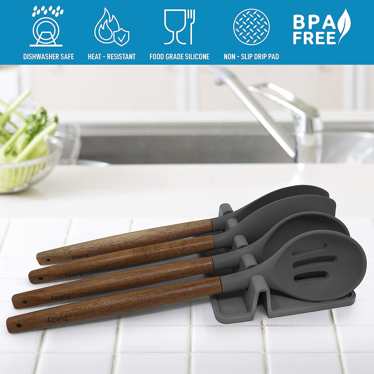 Silicone Utensil Rest with Drip Pad for Multiple Utensils - Bpa-Free, Heat-Resistant Spoon Rest & Spoon Holder for Stove Top - Kitchen Utensil Holder for Ladles & Tongs - Gray