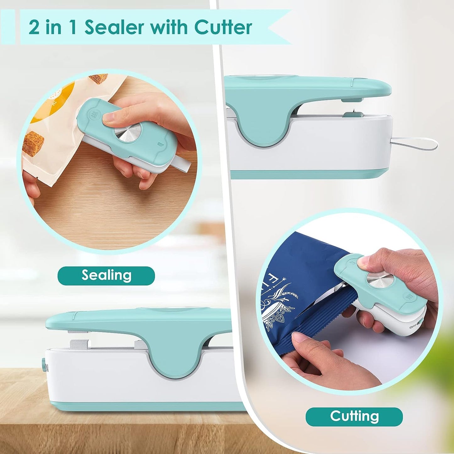 Mini Bag Sealer, 2 in 1 Bag Sealer Heat Seal with Cutter, Portable Food Sealer Mini Sealing Machine Kitchen Gadget for Chip Bags Plastic Bags Food Storage (Battery Included)
