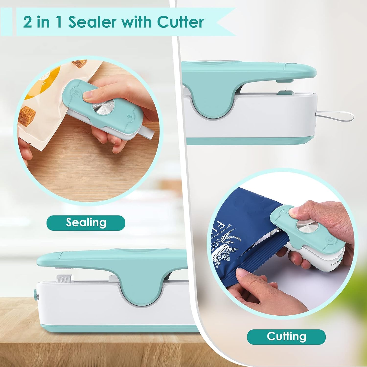 Mini Bag Sealer, 2 in 1 Bag Sealer Heat Seal with Cutter, Portable Food Sealer Mini Sealing Machine Kitchen Gadget for Chip Bags Plastic Bags Food Storage (Battery Included)