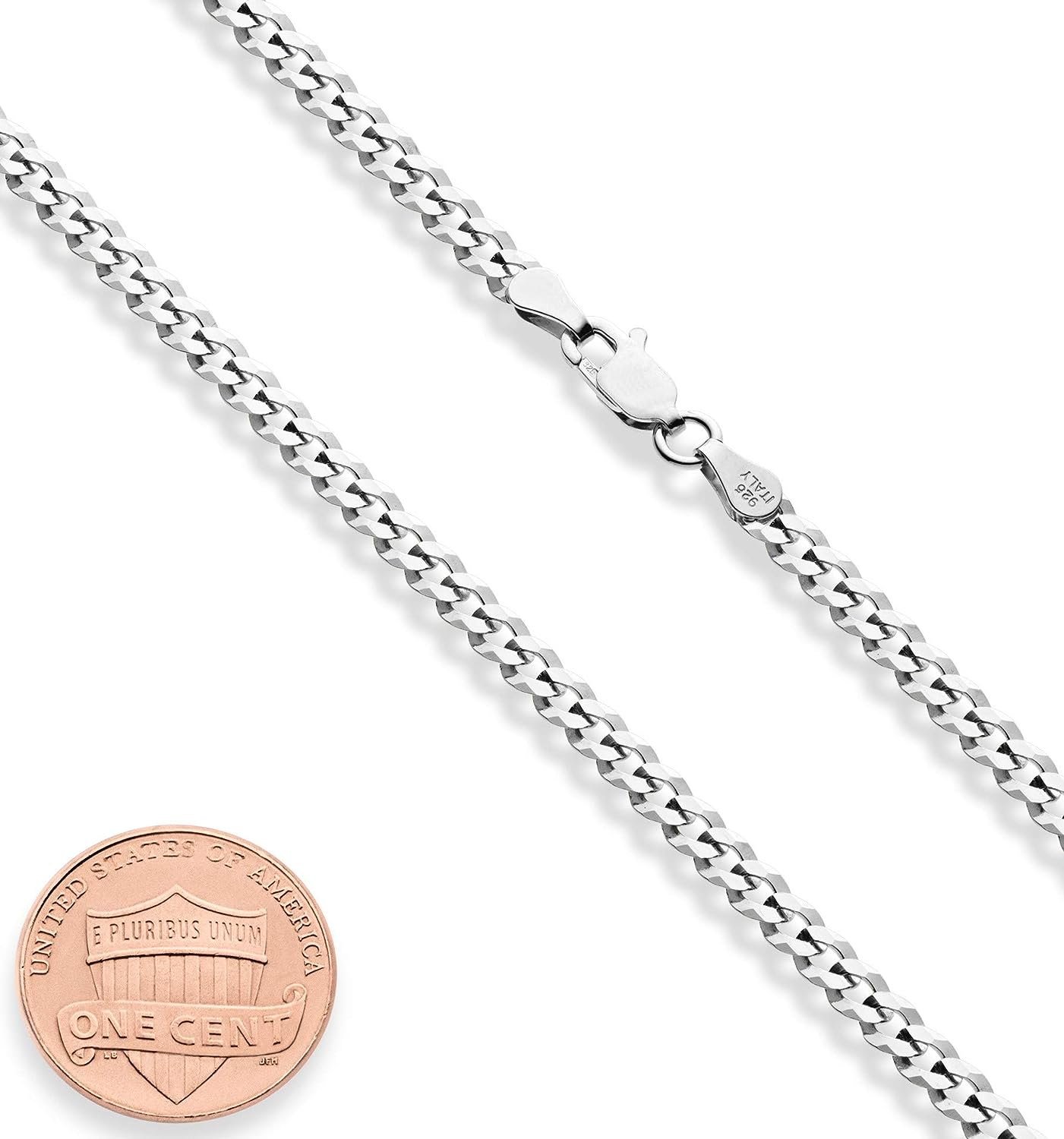 Italian 925 Sterling Silver 3.5Mm Curb Cuban Link Chain Necklace, Solid Diamond Cut Sterling Silver Chain for Men Women Made in Italy
