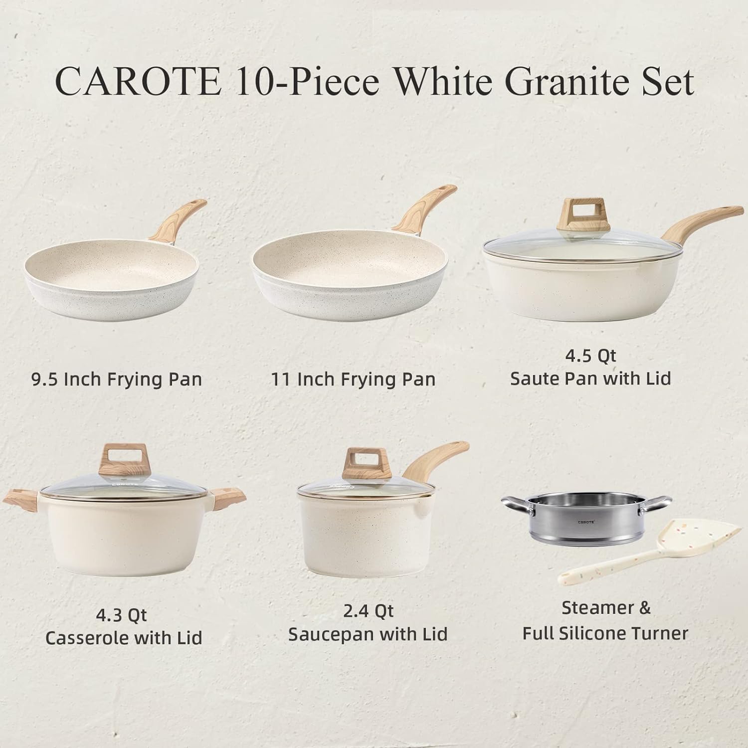 Pots and Pans Set Nonstick, White Granite Induction Kitchen Cookware Sets, 10 Pcs Non Stick Cooking Set W/Frying Pans & Saucepans(Pfos, PFOA Free)