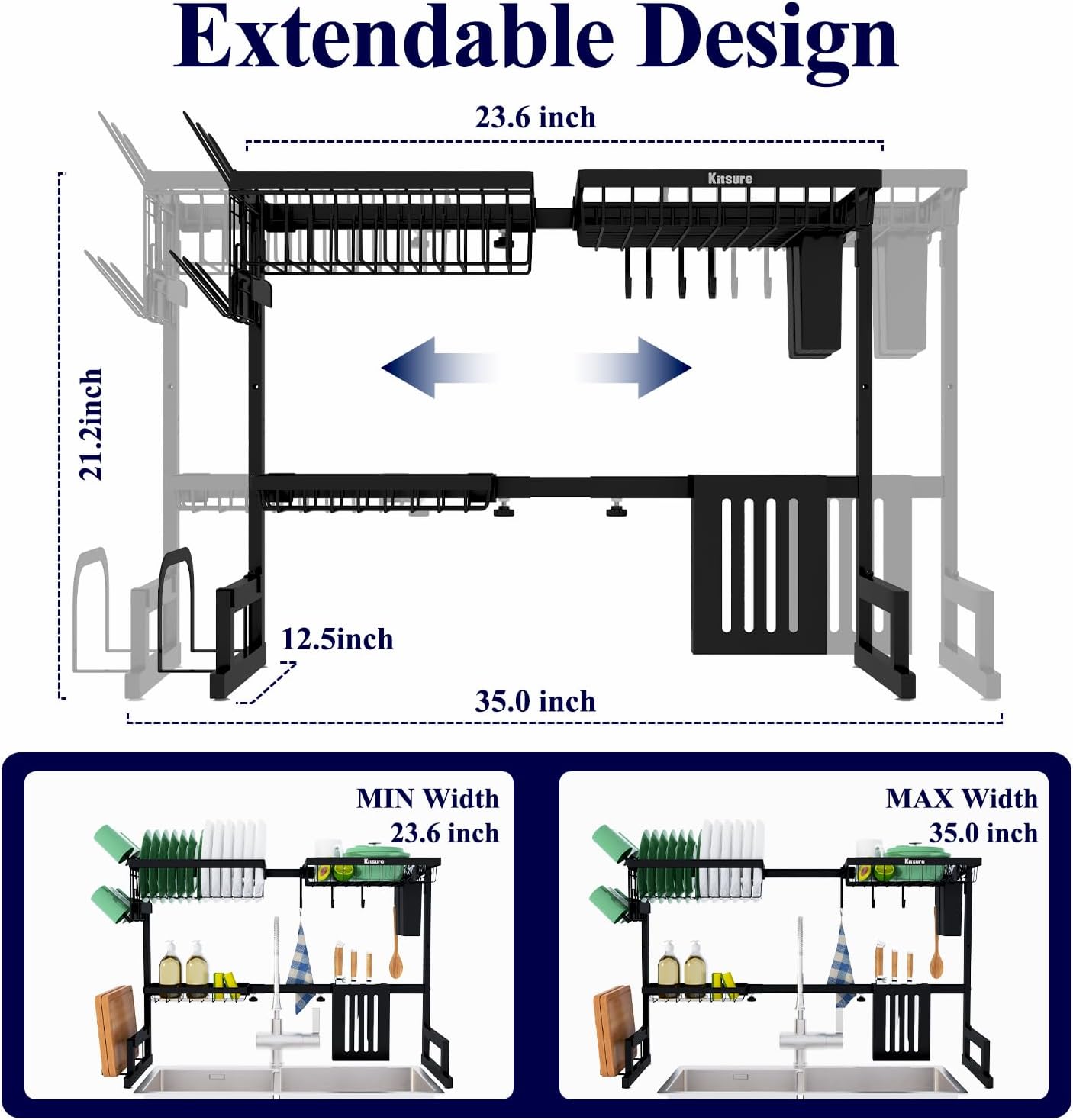 over the Sink Dish Drying Rack - 23.6" to 35"X21.2", Adjustable Drying Rack for Kitchen Sink with Large Capacity, Sink Drying Rack, 2-Tier Dish Rack over Sink with Multifunctional Baskets