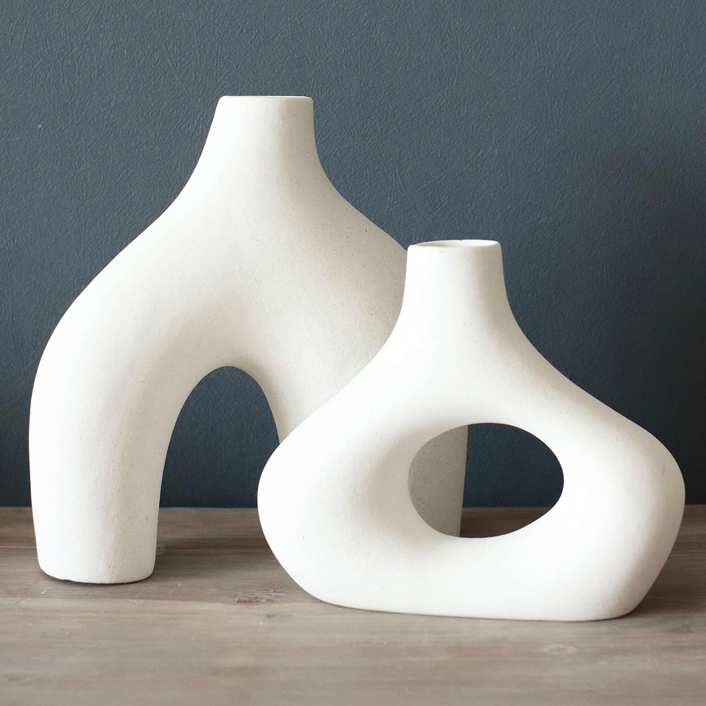 Donut Vase, Set of 2 - Minimalist Nordic Style, White Ceramic Hollow Donut Vase Decor | Table Centerpiece, Boho, Wedding, Living Room, Bookshelf, Office, Modern Home Decor (Warm White)