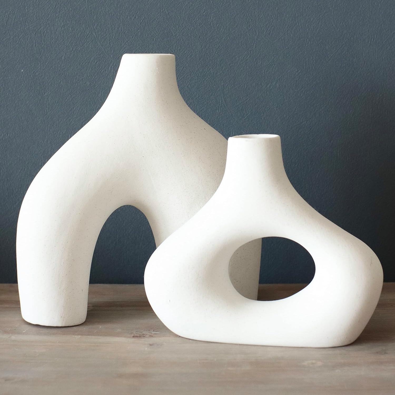 Donut Vase, Set of 2 - Minimalist Nordic Style, White Ceramic Hollow Donut Vase Decor | Table Centerpiece, Boho, Wedding, Living Room, Bookshelf, Office, Modern Home Decor (Warm White)