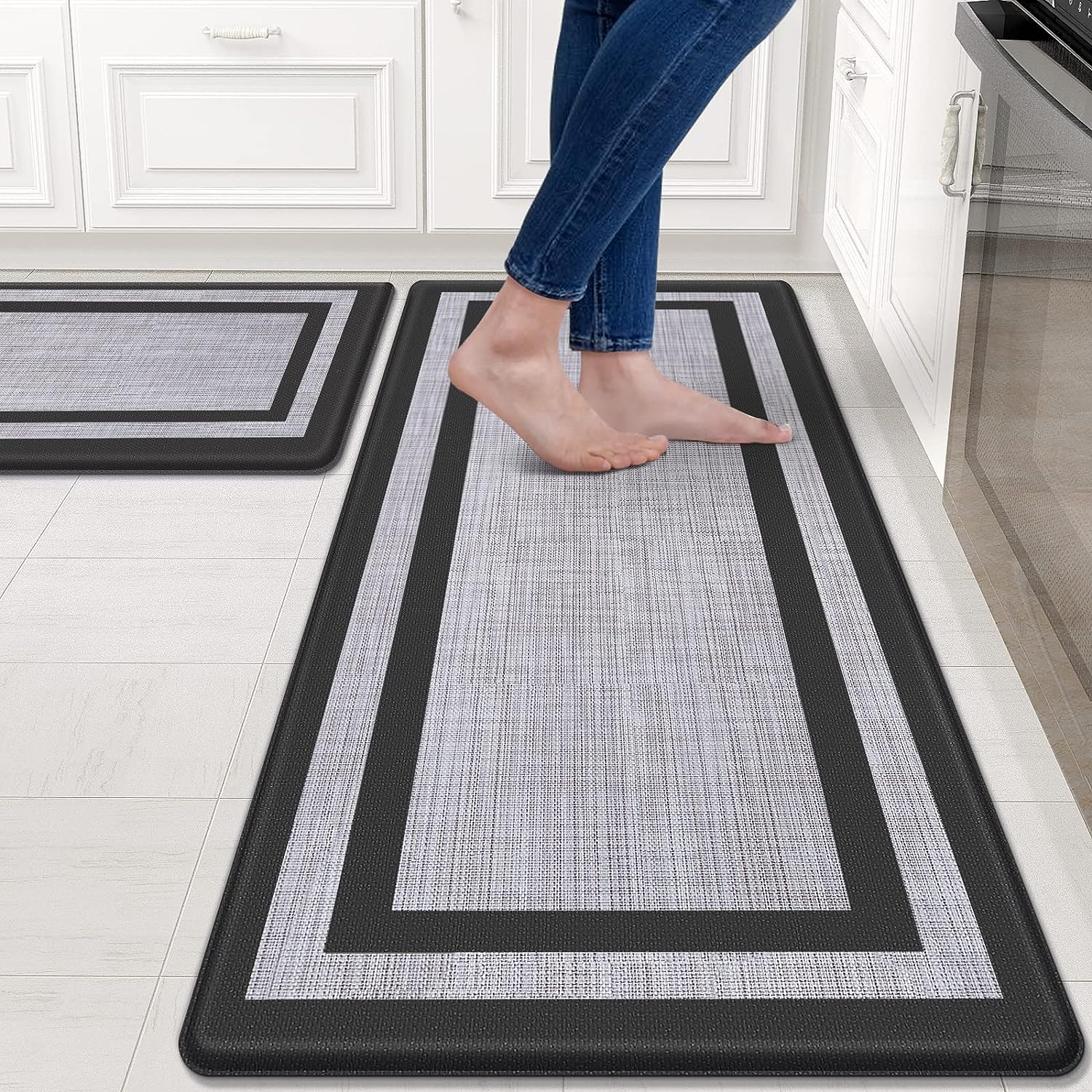 Kitchen Mat [2 PCS] Cushioned Anti-Fatigue Non-Skid Waterproof Rugs Ergonomic Comfort Standing Mat for Kitchen, Floor, Office, Sink, Laundry, Black and Gray