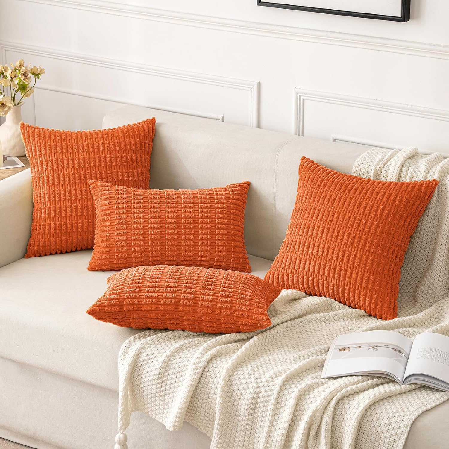 Pack of 2 Decorative Fall Orange Throw Pillow Covers 18X18 Inch Soft Boho Striped Corduroy Pillow Covers Modern Farmhouse Home Decor for Sofa Living Room Couch Bed