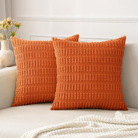 Pack of 2 Decorative Fall Orange Throw Pillow Covers 18X18 Inch Soft Boho Striped Corduroy Pillow Covers Modern Farmhouse Home Decor for Sofa Living Room Couch Bed