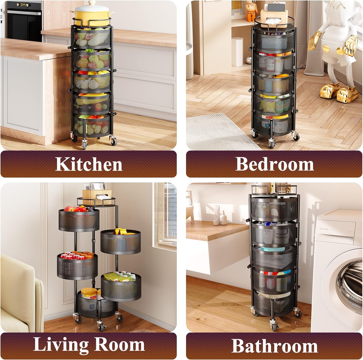 Fruit and Vegetable Basket Bowls for Kitchen with Metal Top Lid,  5 Tier Rotating Storage Rack Cart for Potato Onion Bread Banana, Wire Basket Organizer on Wheels, Large, Black